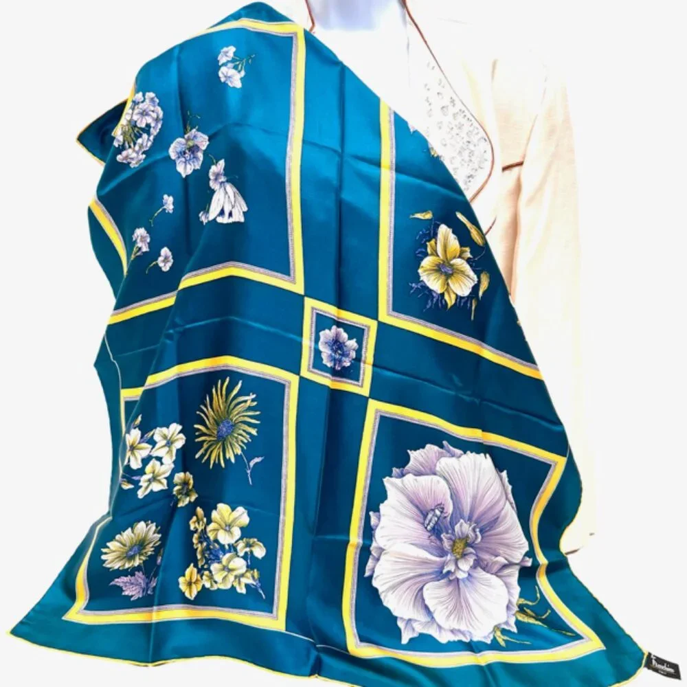 Unused Italy Scarf Franchino Silk Teal Blue Gold Purple Floral 31" x31" (23 - Picture 2 of 10